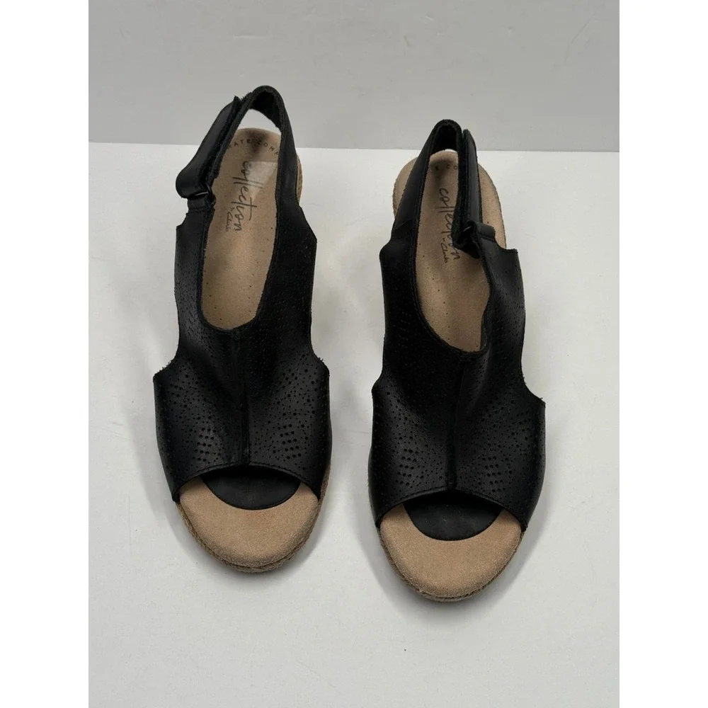 Clarks Lafely Rosen Wedge Sandals Black Leather Espadrille Slingback 7.5M